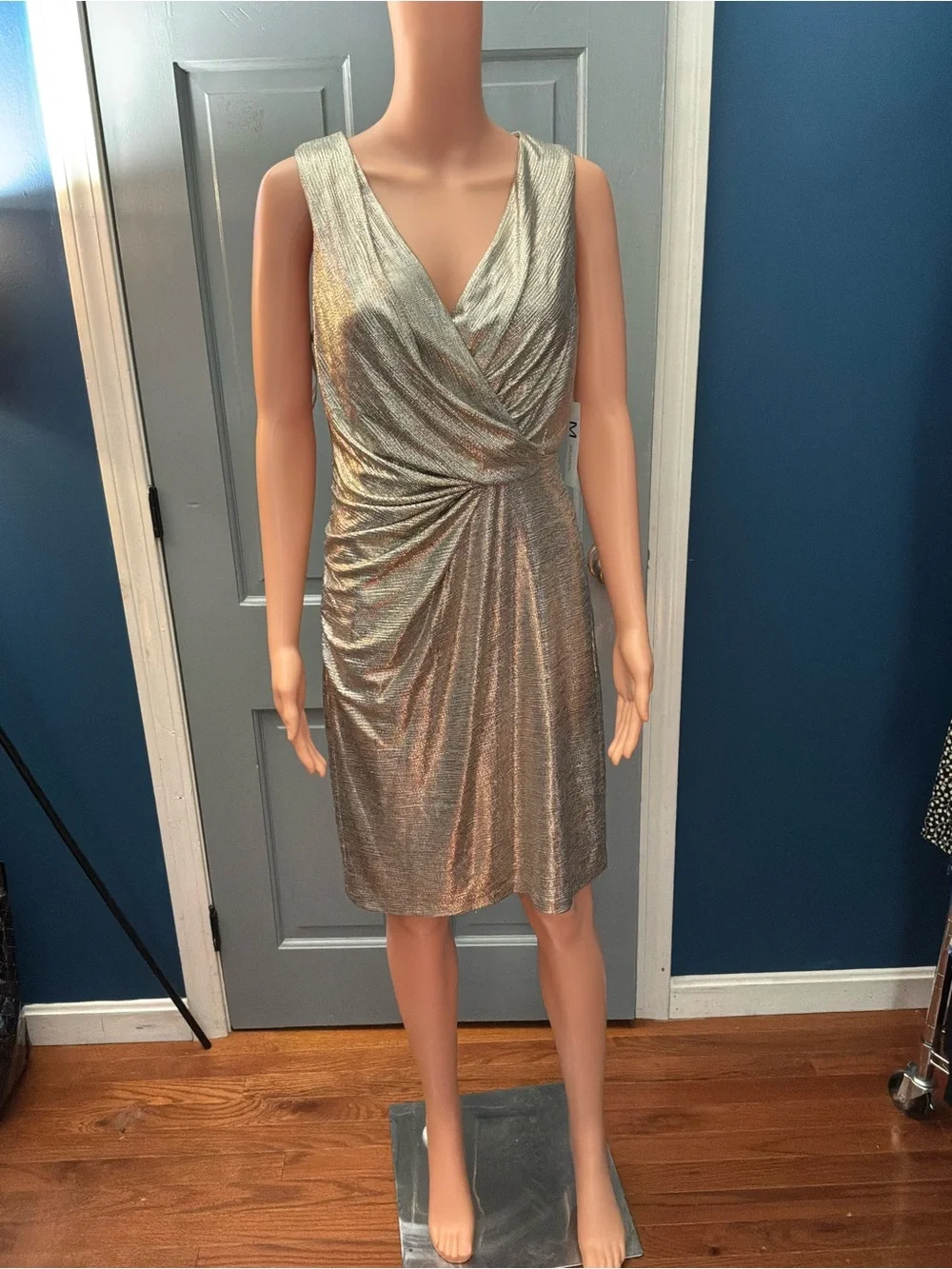 Shimmery Gold Wrap-Front Mini Dress